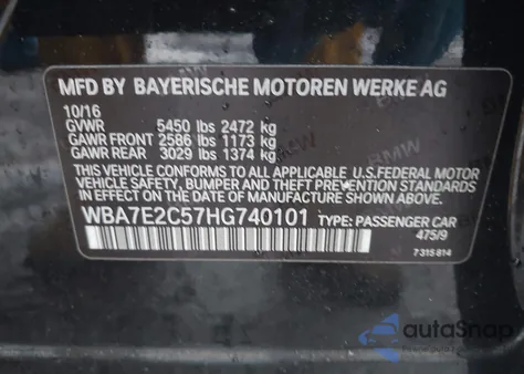 2017 BMW 740I z USA, uszkodzony, nr VIN WBA7E2C57HG740101